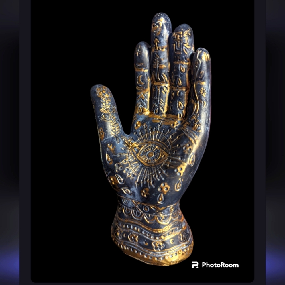 Enchanted palm knick knack resin statue evil eye gold and black lunar magic